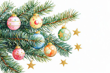 A festive illustration featuring colorful ornaments hanging from a pine branch, surrounded by golden stars, evoking a holiday spirit.