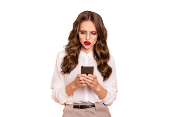 Close-up portrait of her she nice-looking attractive lovely pretty chic gorgeous gloomy moody grumpy disappointed wavy-haired lady reading bad news dislike isolated over beige pastel background