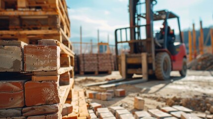 A forklift unloading pallets of bricks onto a bustling construction site ready for use.