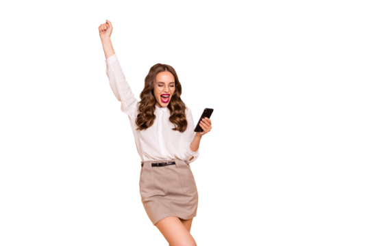 Portrait of nice-looking attractive lovely pretty gorgeous cheerful cheery wavy-haired lady browsing reading good news notification blog post like rising hand up isolated over beige pastel background - Powered by Adobe