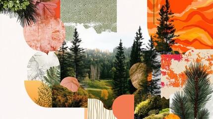 Autumnal Forest Collage: A captivating abstract collage evokes the beauty of autumn with vibrant foliage, textured backgrounds, and a glimpse of a serene forest.  