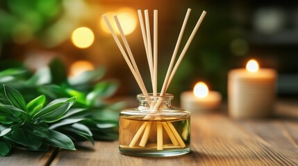 Aromatic diffuser setting with candles and greenery creating a serene ambiance at dusk