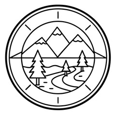 Compass with Surrounding Mountains, Rivers, and Forests &ndash; Flat Vector Art