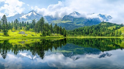 Fototapeta premium Beautiful green trees reflected in the lake, nature photography, a beautiful landscape, a forest, a mountain background, 