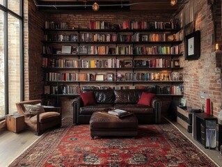 Library with an industrial aesthetic, featuring exposed brick walls and metal shelving