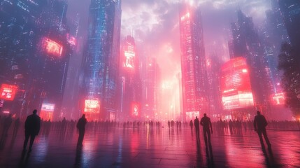 A futuristic financial district with transparent skyscrapers, augmented reality billboards, and AI-powered trading hubs, symbolizing the evolution of finance.