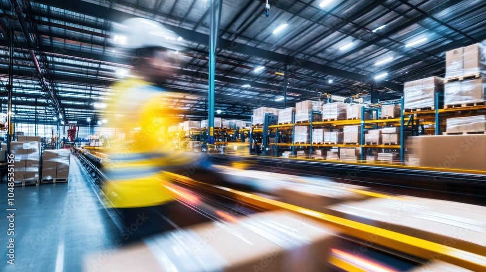 Poster blurred motion of a worker operating a forklift in a warehouse