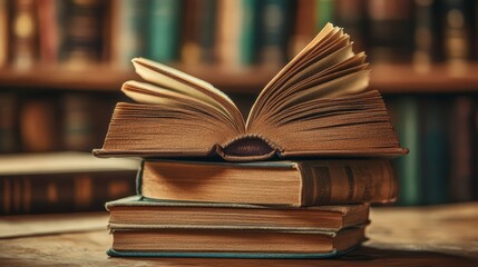 Fototapeta premium Vintage Open Book on Stacked Books in a Cozy Library Setting