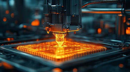A 3D printer producing high-quality goods in a futuristic factory, representing the future of additive manufacturing and its economic potential.