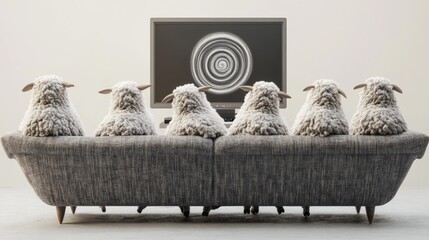 A group of sheep are watching a hypnotic spiral pattern on television, symbolizing the blinding effect of media manipulation on people.