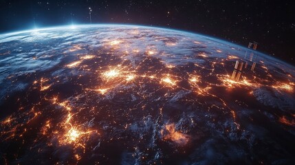 Obraz premium A network of satellites orbiting Earth, providing high-speed internet connectivity to remote regions, symbolizing the role of space technology in the future economy.