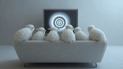 A group of sheep are watching a hypnotic spiral pattern on television, symbolizing the blinding effect of media manipulation on people.