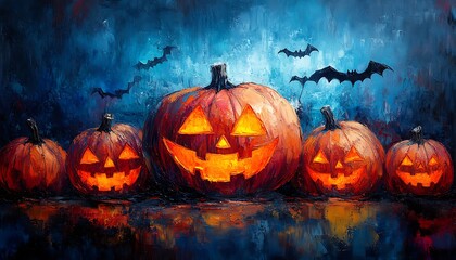 Naklejka premium Group of Pumpkins with Glowing Faces