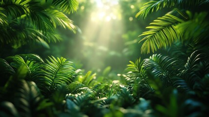Lush green tropical foliage with sunlight streaming through the leaves, creating a vibrant and natural background.