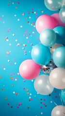Colorful Balloons with Confetti on a Blue Background