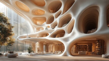 A futuristic design studio where architects are using AI and 3D printing technology to create sustainable building designs.