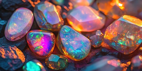 Obraz premium A close-up of colorful, sparkling opal gems in various shapes and size