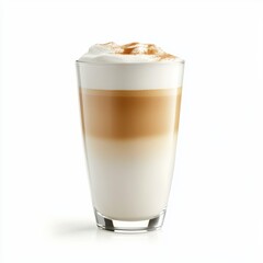 Creamy latte served in a tall glass, with a rich layer of coffee, milk and foam on a white background, highlighting the perfect morning drink experience.	