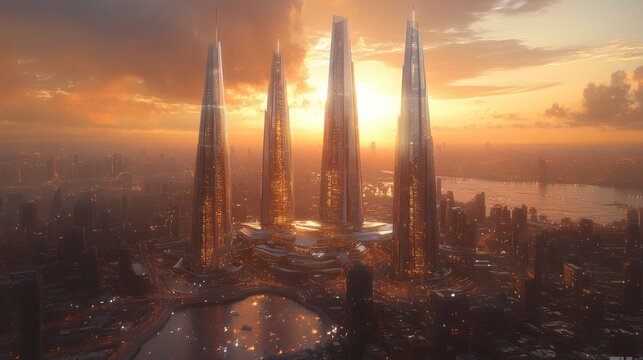 A futuristic global trade center with transparent skyscrapers and autonomous shipping hubs, symbolizing the future of international commerce.