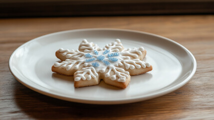 Fototapeta premium Elegant Snowflake Cookie on Wooden Plate - Intricately Decorated Christmas Cookie with White Icing and Blue Sugar Crystals for Festive Winter Celebrations