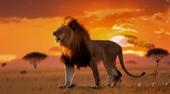 lion on the savana in Africa on the sunset 