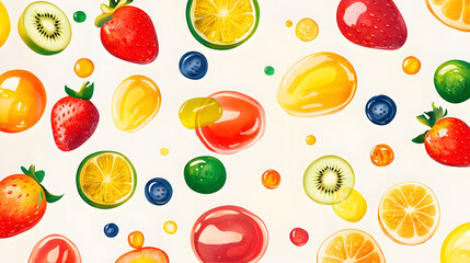 Obraz premium Seamless pattern featuring colorful Easter eggs surrounded by a vibrant collage of fresh fruits like oranges, lemons, apples, strawberries, bananas, kiwis, and pineapples