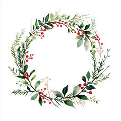 Fototapeta premium Watercolor illustration. Christmas wreath, green coniferous branches, green leaves and red berries. Christmas decor. Wreath isolated on a white background. Watercolor simple sketch.