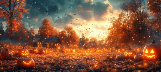  Field with Trees, Pumpkins, and a House in the Background.