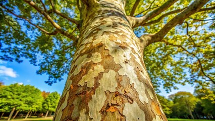 Fototapeta premium Tree trunk with bark of Platanus acerifolia, also known as the London plane tree