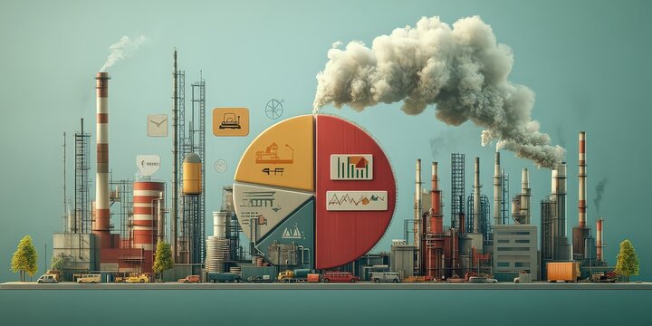 Infographic-style pie chart illustrating different carbon dioxide emission sources like transport, industry, and deforestation.