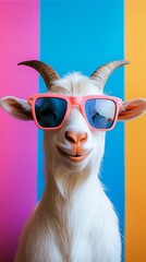 Playful Goat Wearing Sunglasses Against a Colorful Background