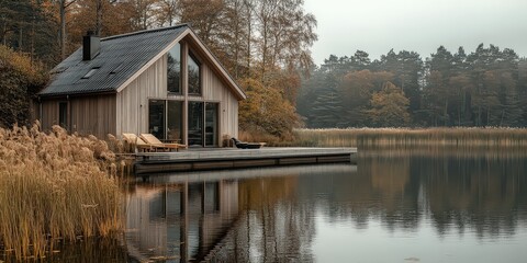 Fototapeta premium Minimalist Scandinavian-style home with light wood siding, large windows, sitting quietly by calm, glassy lake, blending with natural surroundings.