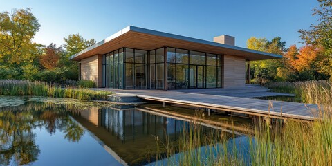 Obraz premium Modern glass house surrounded by nature, with a tranquil pond in the foreground, blending contemporary design with natural beauty.