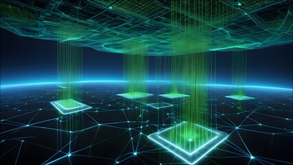 Obraz premium A futuristic AI visualization that highlights pattern recognition, showing intricate digital patterns emerging from data points in a dark, high-tech environment.