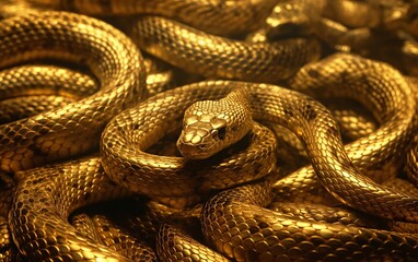 Obraz premium Abstract close-up of golden snakes intertwined, creating a luxurious and mysterious texture. Ideal for luxury, art, or design themes.