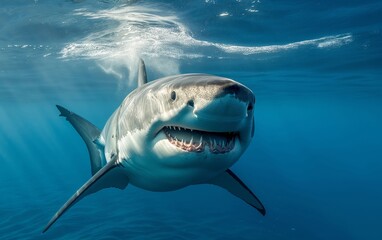 Fototapeta premium A powerful great white shark (Carcharodon carcharias) surfacing with open jaws, showcasing sharp teeth and intense energy. Perfect for marine life or wildlife themes.