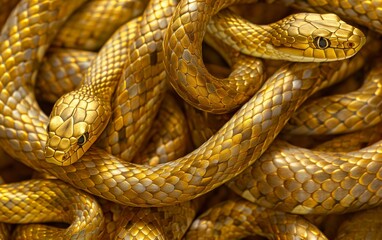 Fototapeta premium Abstract close-up of golden snakes intertwined, creating a luxurious and mysterious texture. Ideal for luxury, art, or design themes.