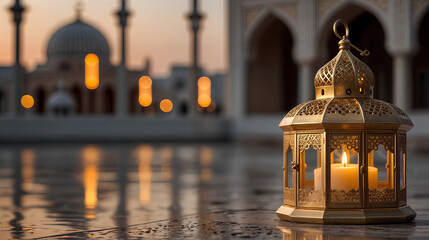  Arabic style lanterns with candles and prayer beads on the right side, with a blurred white mosque in the background