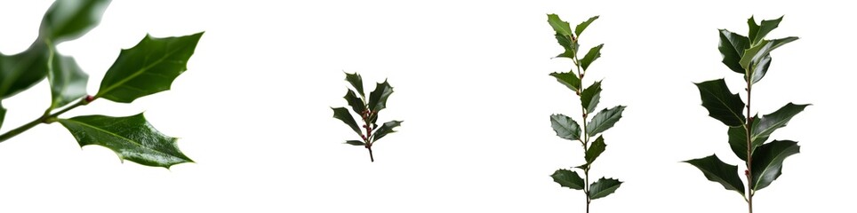 Obraz premium Fresh holly leaves are presented in various sizes, highlighting their distinct shapes and glossy textures. The leaves feature sharp edges and rich green tones, enhancing their natural beauty