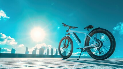 Fototapeta premium White Electric Bicycle Parked on a City Street with a Blue Sky and Sun