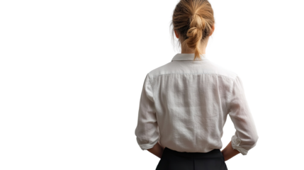 A confident businesswoman smiling from the rear in a professional setting