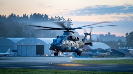 Helicopter Taking Off at Dawn from Military Base