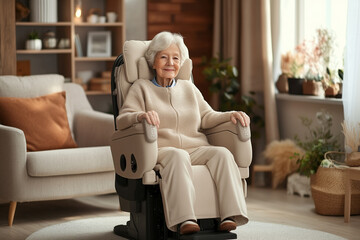 Obraz premium An elderly person sitting comfortably in a massage chair, highlighting relaxation and therapeutic benefits for seniors