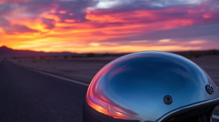Obraz premium Helmet Reflecting Sunset Colors on Desert Road