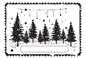 Obraz premium Rubber stamp Christmas, New Year composition. Vintage postal stamp, simple textured silhouettes of fir trees, snowflakes, frame for text. Nature wintertime landscape. Black white vector illustration.