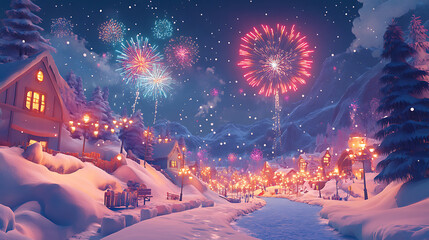Fototapeta premium A bright and playful winter scene with fireworks illuminating a cartoonish snowy city, vibrant colors popping against the white landscape 