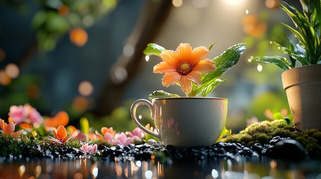 a shaded garden. lush foliage, Hot coffee near flowers, vibrant colors, and variety of textures. serene backyard with tall trees, dappled sunlight
