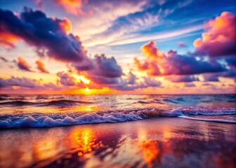 Obraz premium Evening Sea Colors Tilt-Shift Photography, Breathtaking Sunset Over Ocean, Vibrant Reflections, Tranquil Waters, Scenic Coastal Views, Artistic Shallow Focus, Nature's Beauty