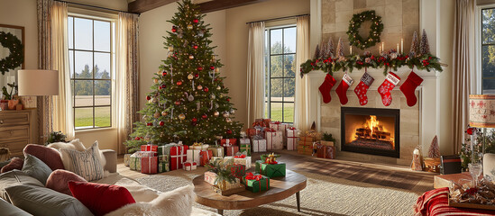 A cozy living room adorned for Christmas, featuring a large evergreen tree beautifully decorated with ornaments, garlands, and twinkling lights