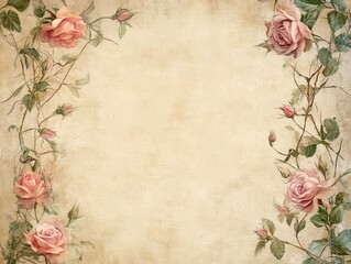 Vintage Watercolor Roses Frame on Old Paper Background - Romantic Floral Border Illustration